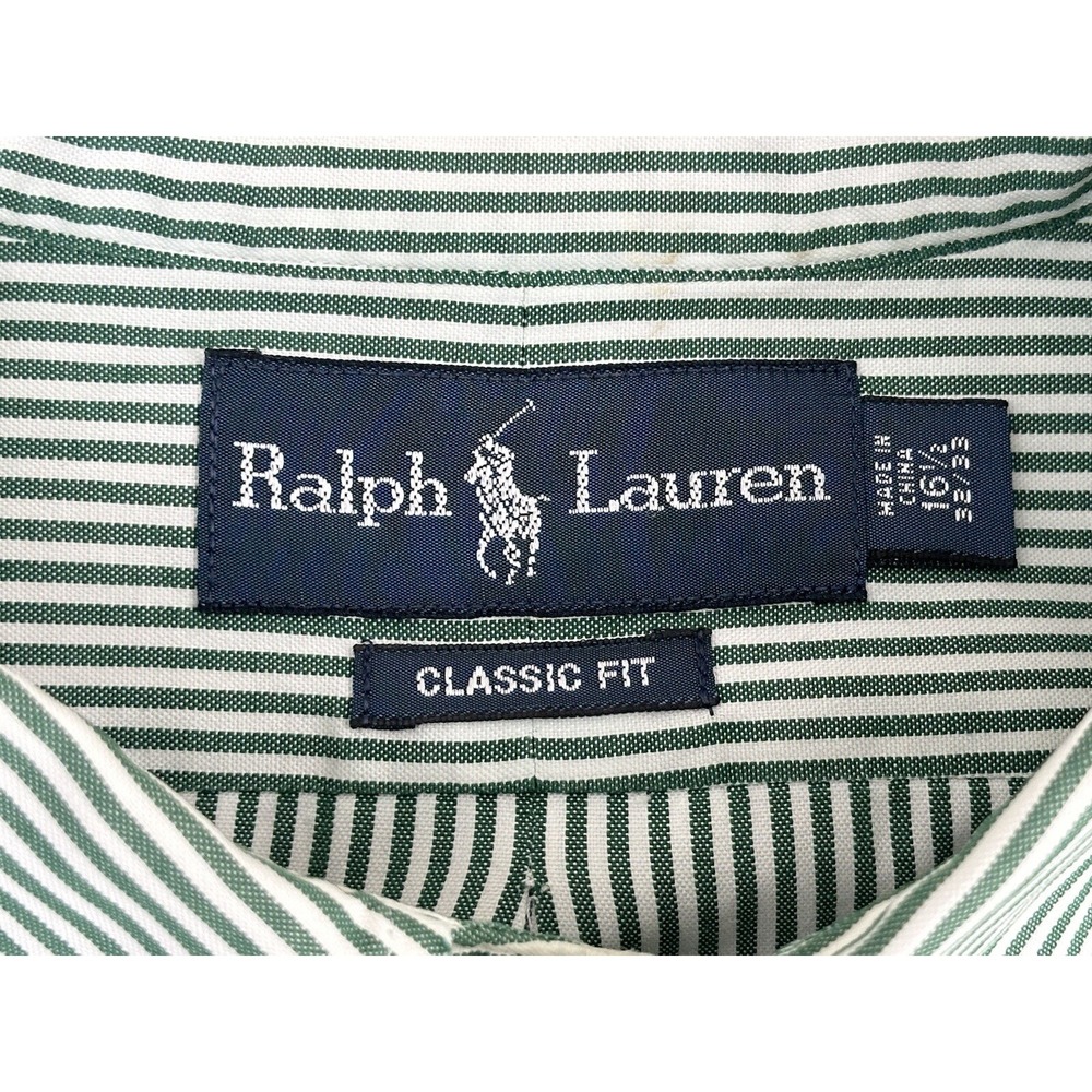 Ralph Lauren Shirt Mens 16.5 32/33 Green Striped Long Sl 100% Cotton Flesh Pony - Picture 5 of 7